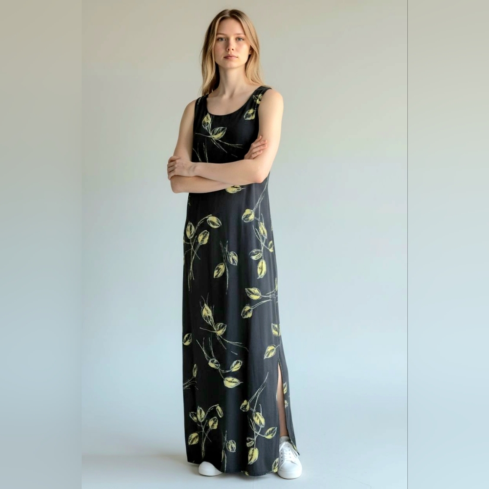 Vintage Raffaella Linen Maxi Dress Sleeveless Black Yellow Leaf Pattern Womens 8